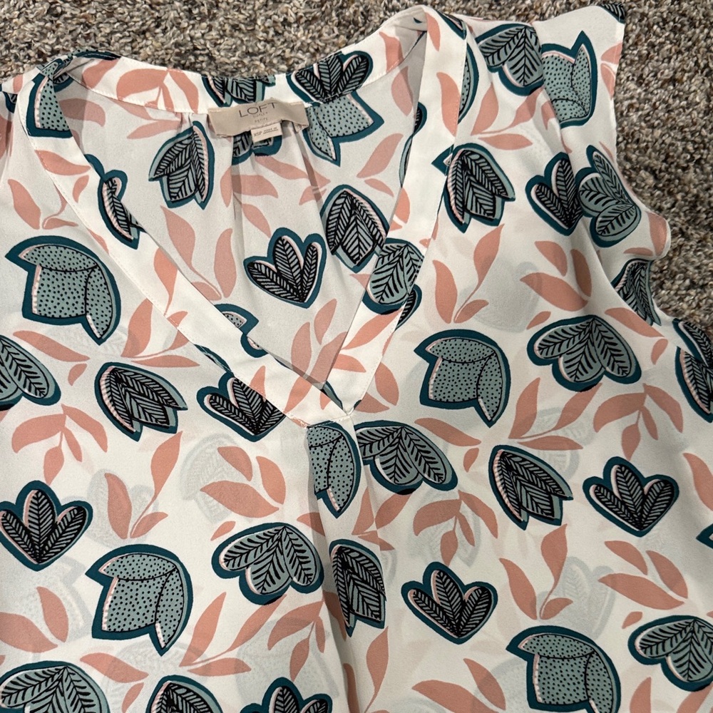 LOFT Women’s Floral V-Neck Flutter Sleeve Top - White, Pink & Teal - Picture 5 of 8